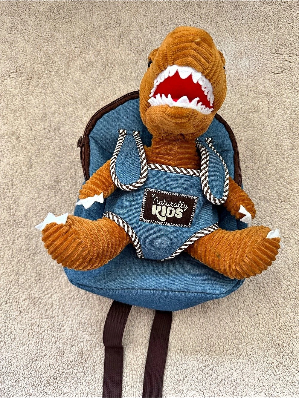 Naturally Kids T-Rex Dinosaur Backpack with Detachable Plush Toy Blue & Brown
